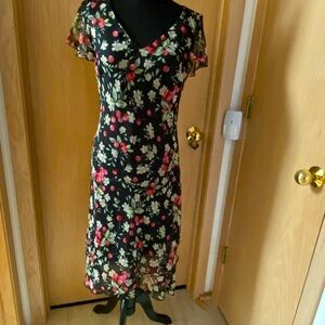 VINTAGE Dress- Cherry/blossom pattern on chiffon. Flutter sleeves. Approx. Sz.8?